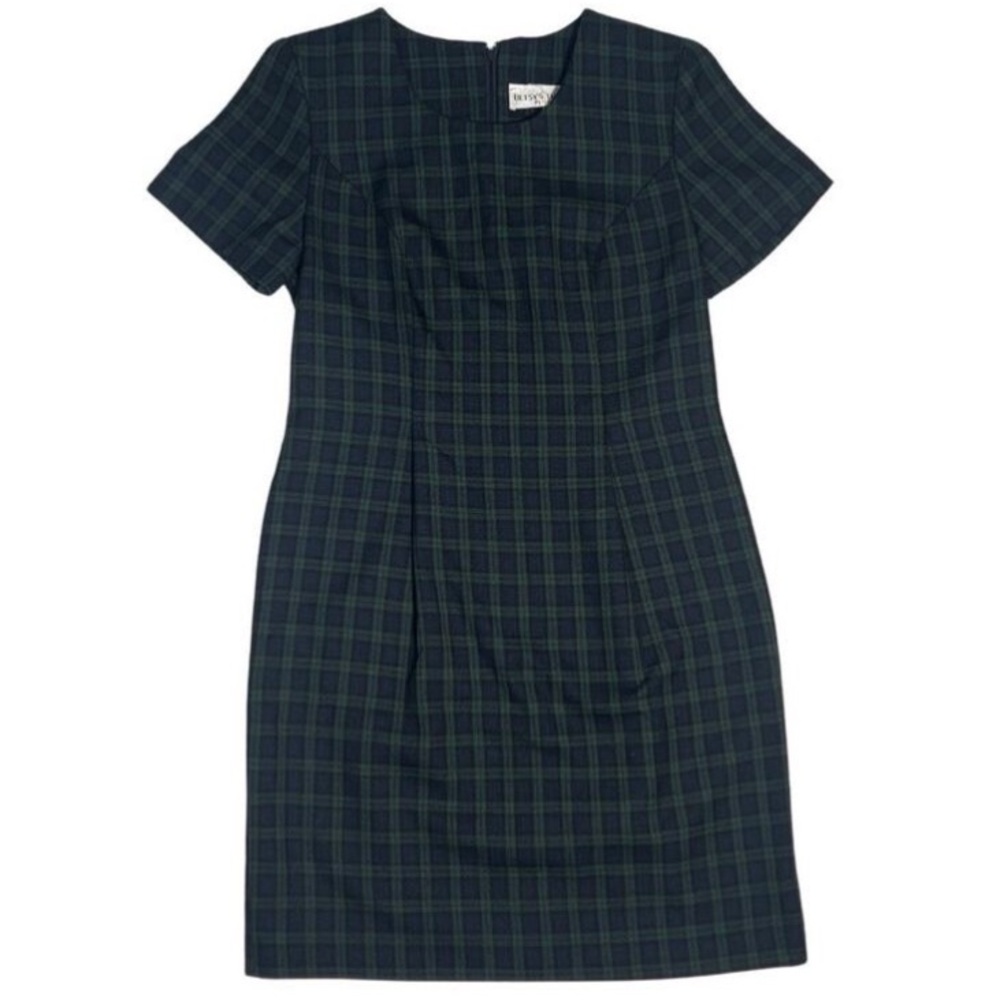 Betsy’s Things Dark Academia Black Watch Plaid Vintage Short Sleeve Shift Dress